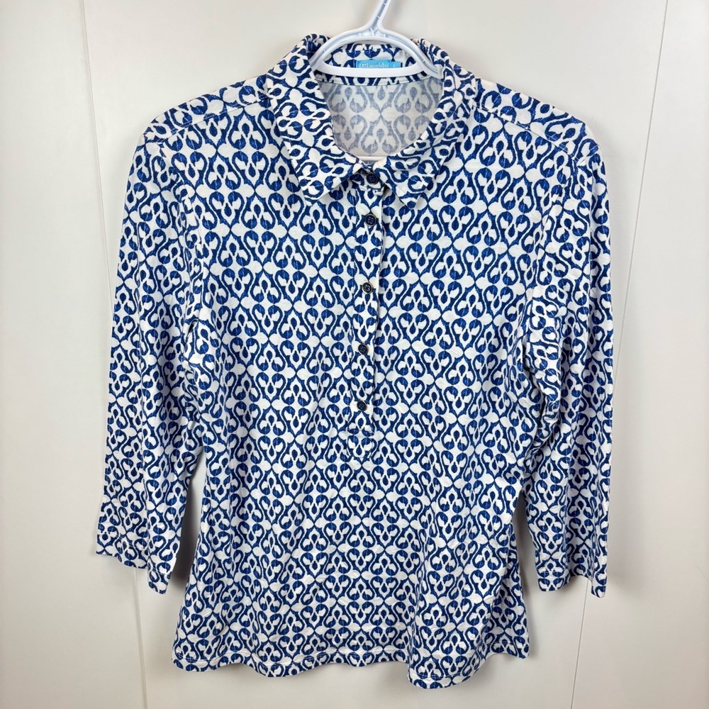 J. McLaughlin Knit Polo Shirt 3/4 Sleeve Stretch sz L Blue White Geometric